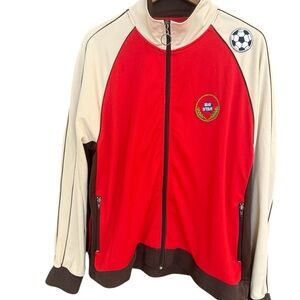 Big Star XL vintage Y2K Red and Cream Jacket with brown piping “soccer” Y2K zip